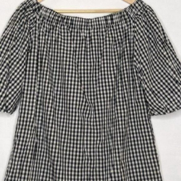 SOPRANO GINGHAM DRESS SMALL OFF SHOULDER BLACK WHITE TRAPEZE PUFF SLEEVES SWING - Picture 4 of 8